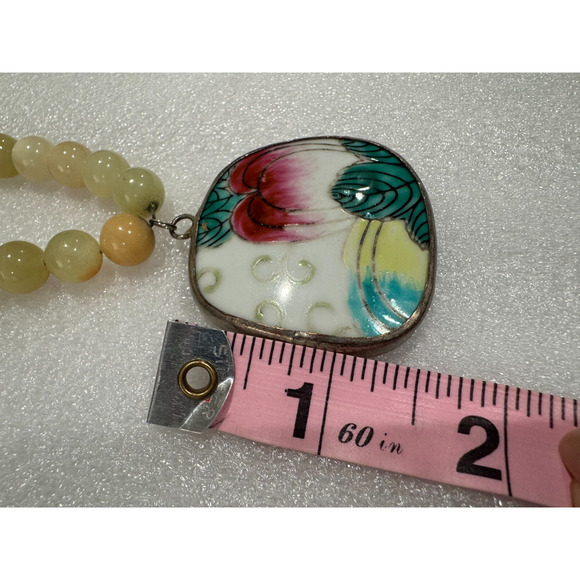 Chinese Porcelain Shard Sterling Square Pendant 20" Beaded Necklace Green Onyx - Picture 6 of 8